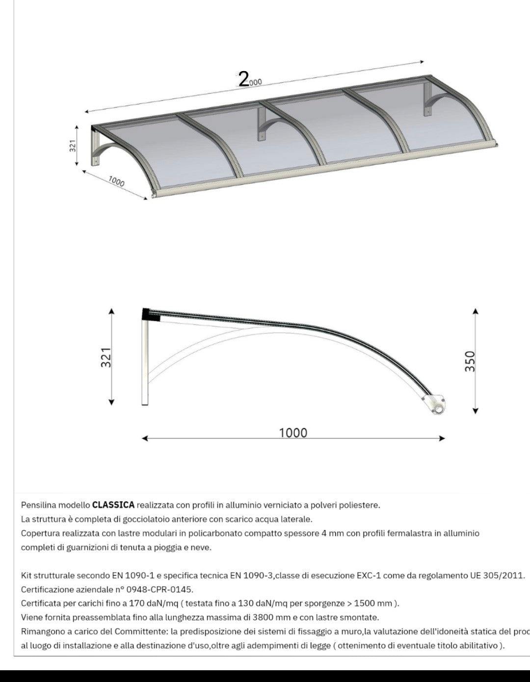 Pensilina Modello Classic 2000x1000x350